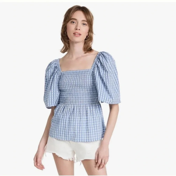 NWOT Stella Nova Penelope Smocked Cutout Blouse Top Soft Blue Plaid Square Neck - Picture 1 of 13